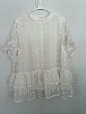ANDREE BY UNIT White Sheer Swiss Dot Ruffle Peplum Blouse